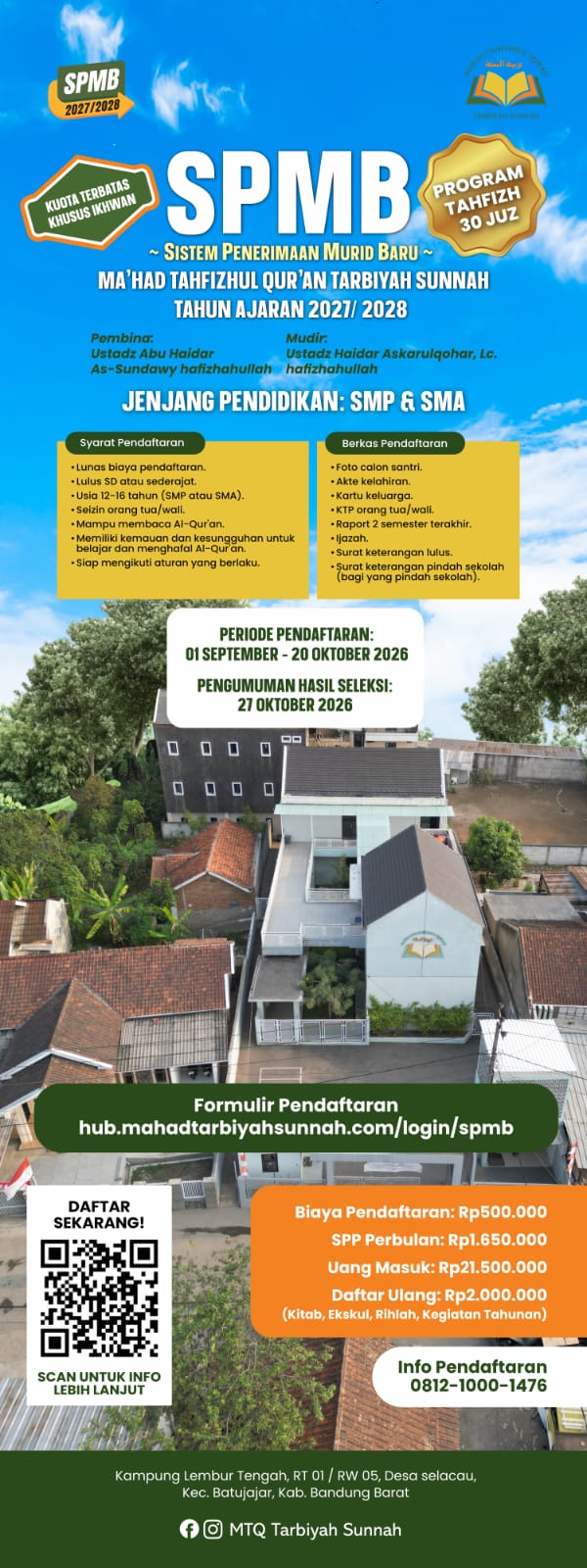 Poster Sistem Penerimaan Murid Baru Ma’had Tahfizhul Qur’an Tarbiyah Sunnah tahun ajaran 2027/2028